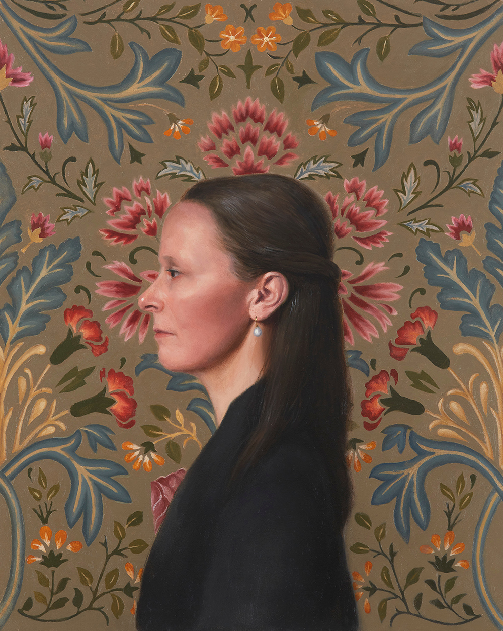 Painting of a woman with a wall paper background