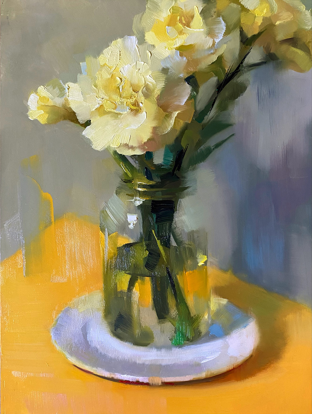 Painting of yellow carnations in a vase
