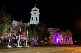 Image of the Town Hall light up in purple