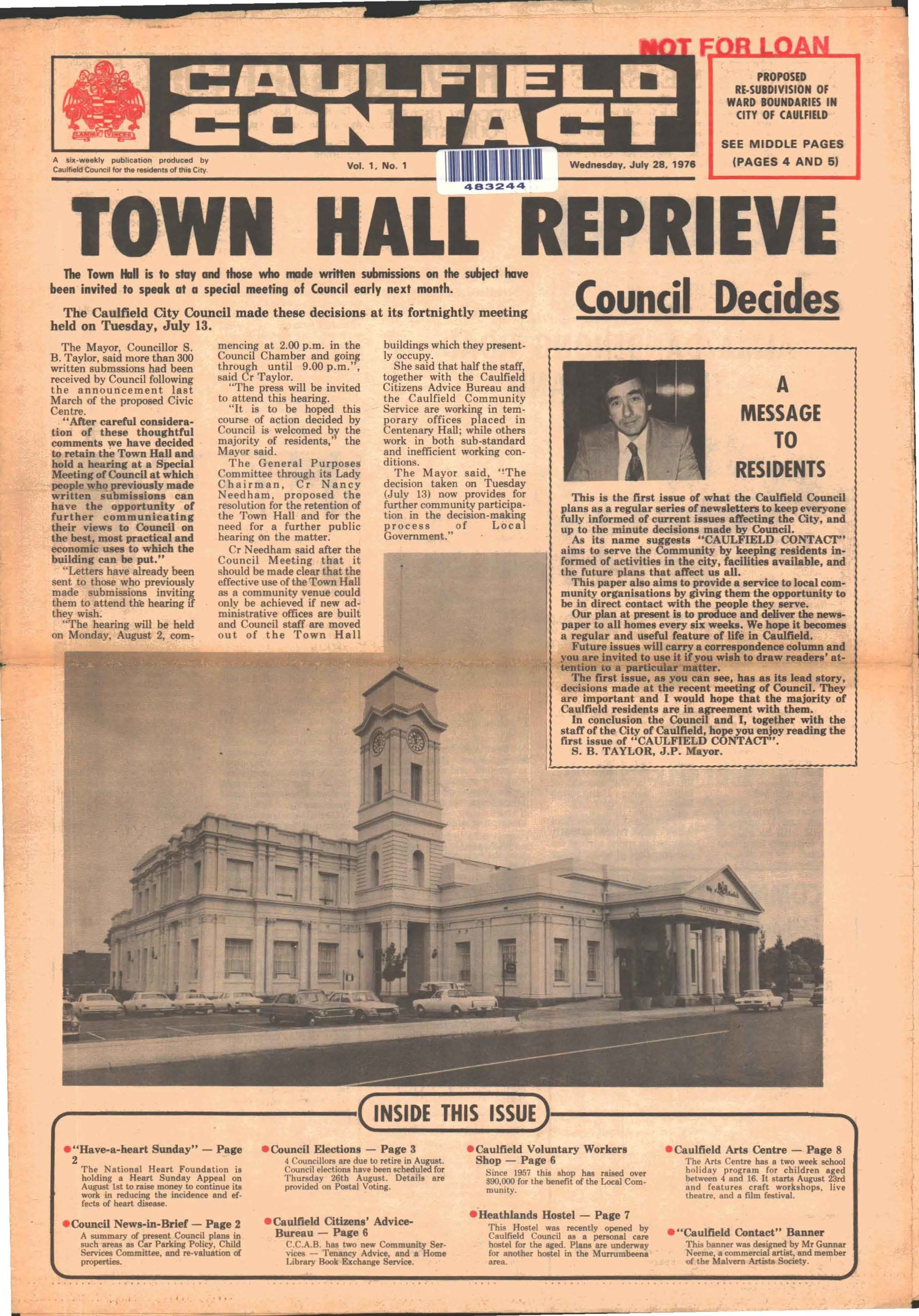 The front page of the First Edition of Caulfield Contact from 1976. Glen Eira City Council History and Heritage Collection.