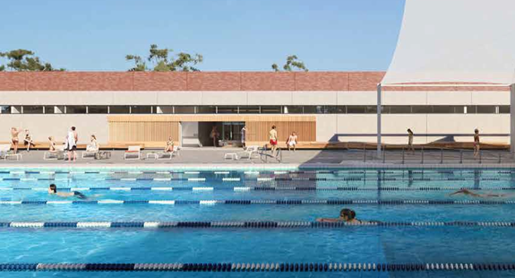 Artist rendering of Carnegie Swim Centre showing swim lanes shaded by a sail cloth