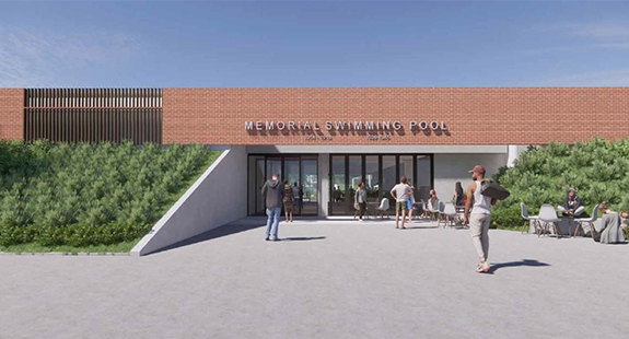 Carnegie Swim Centre rendering of the new entrance showing the red brick, wood and concrete facade with sloped landscanding