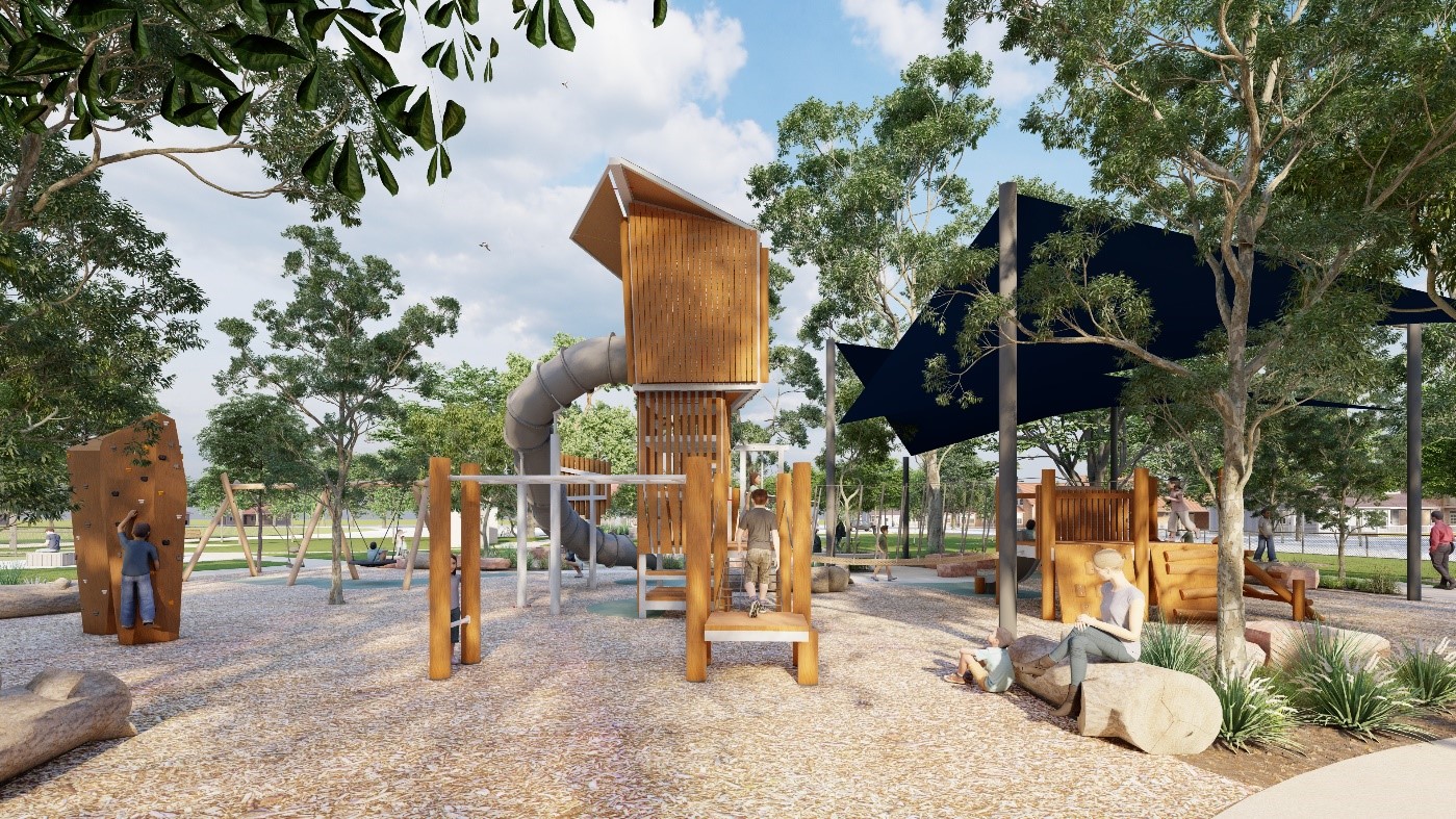 Junior and youth playspace equipment with bouldering/climbing wall artist impression