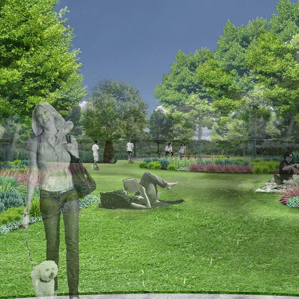 Artist impression of new park - woman walking dog