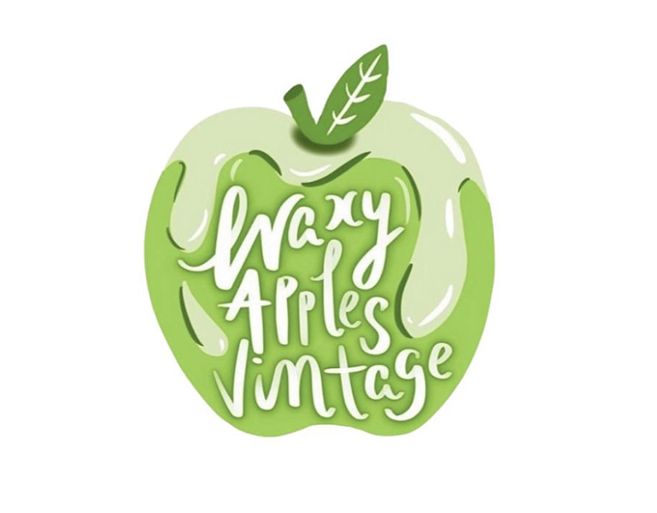 Green apple-shaped logo featuring the words "Waxy Apples Vintage" in white script, with a green leaf at the top.