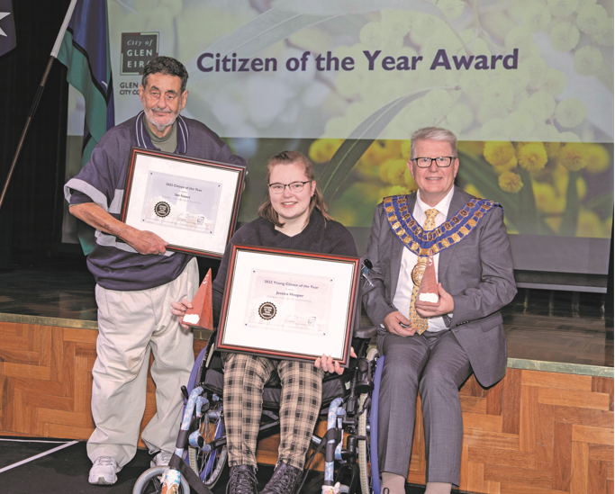 2022 Citizen of the Year Ian Isaacs and Young Citizen of the Year Jessica Hooper with Cr Jim Magee (Mayor)