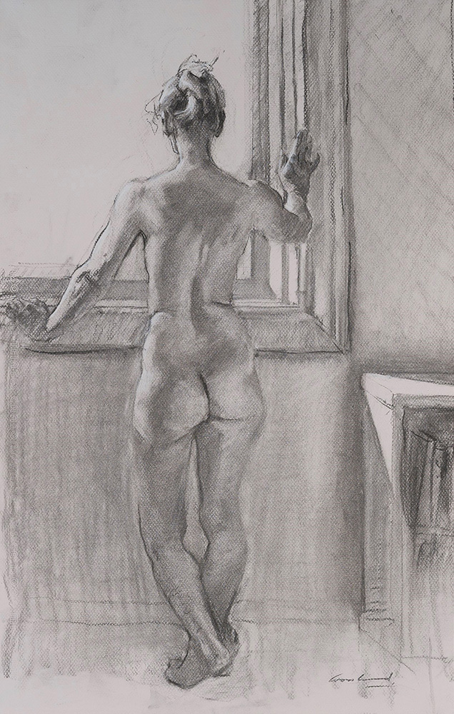 Charcoal drawing of a nude woman at the bedroom window