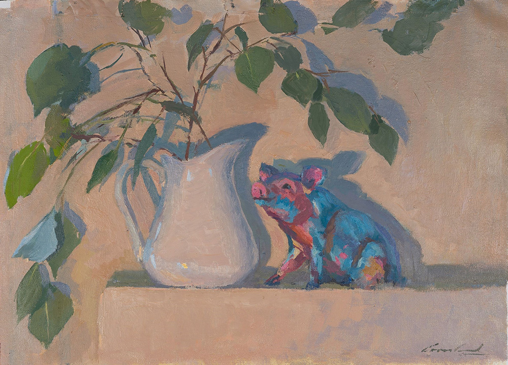 Painting of a mantlepiece with a vase with leaves and pig ornament
