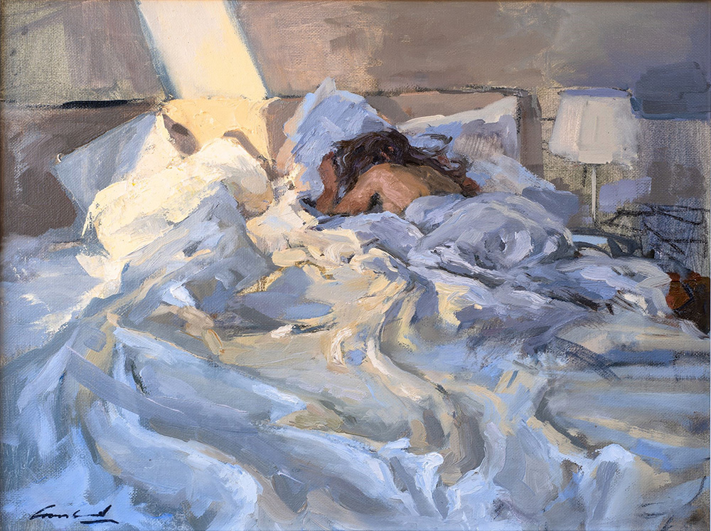 Painting of a person asleep in bed