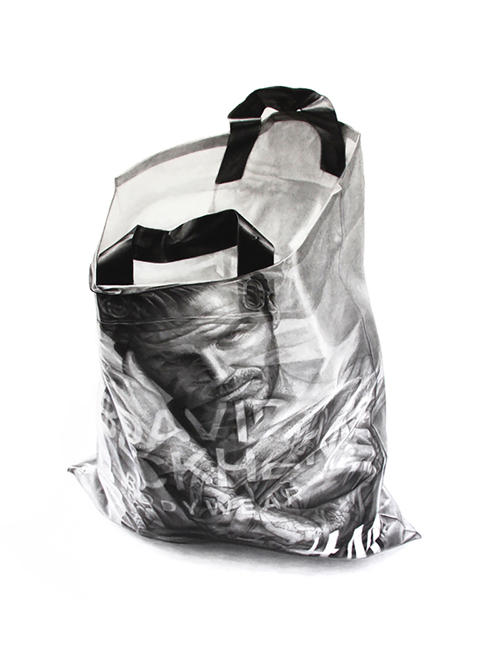 Charcoal drawing of a bag with David Beckham
