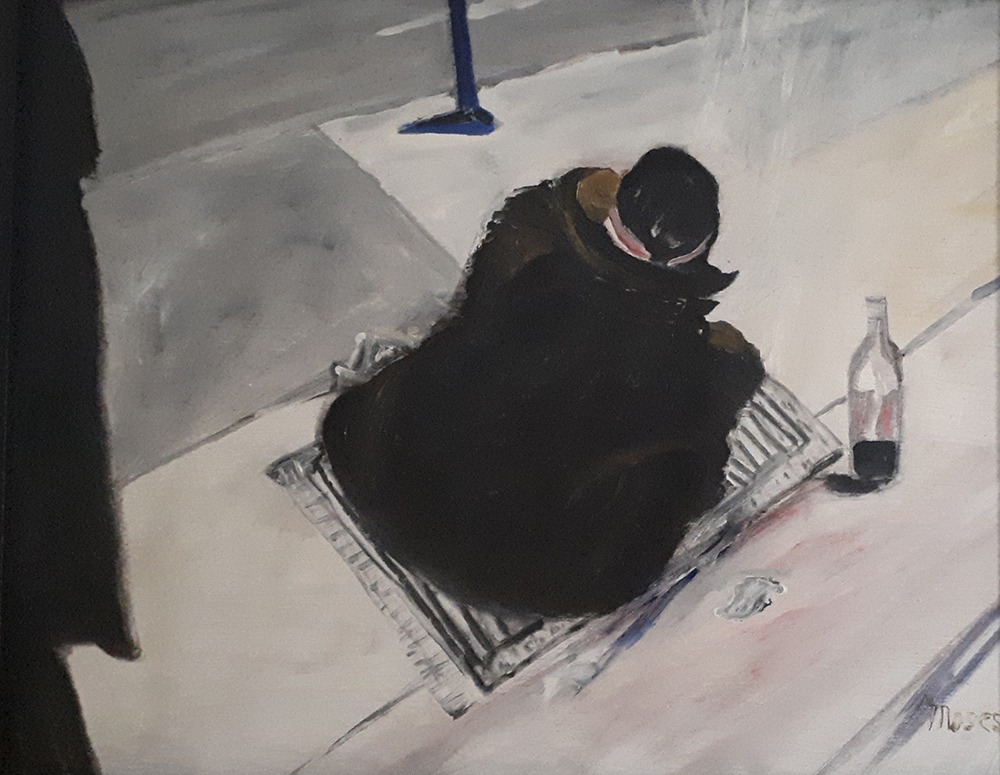 Painting of a person sitting on the footpath