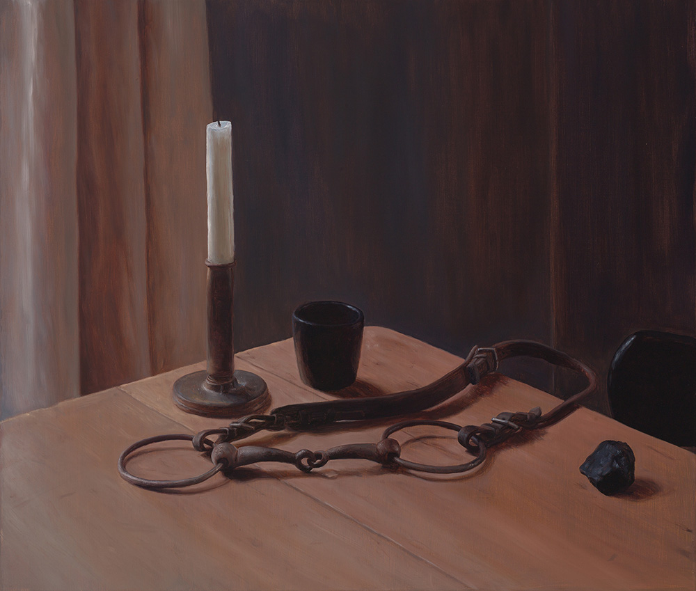 Painting of a table, with a candle, cup and bridle