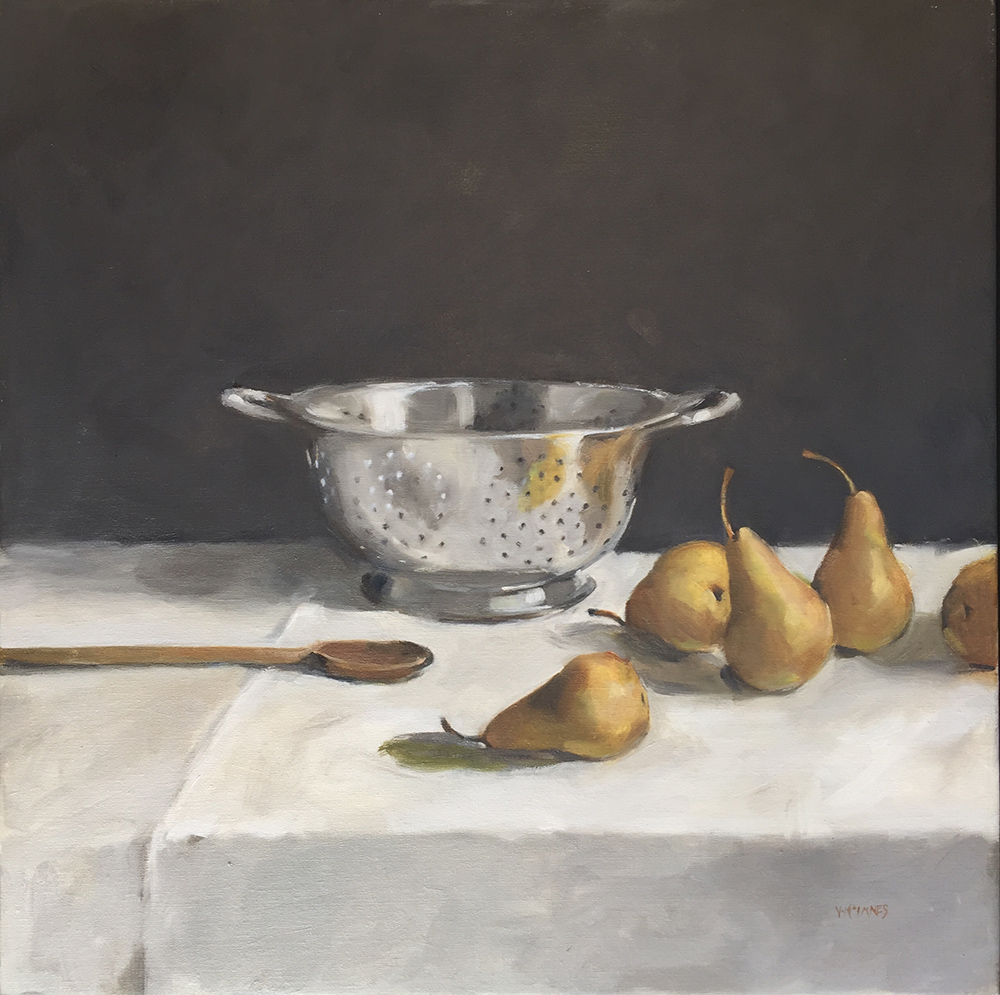 Still life painting of pears, colander, wooden spoon on a table