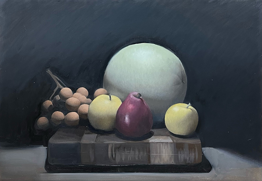 Painting of a still life of fruit on a board