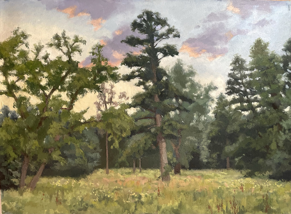 Painting of a landcape with trees at dusk