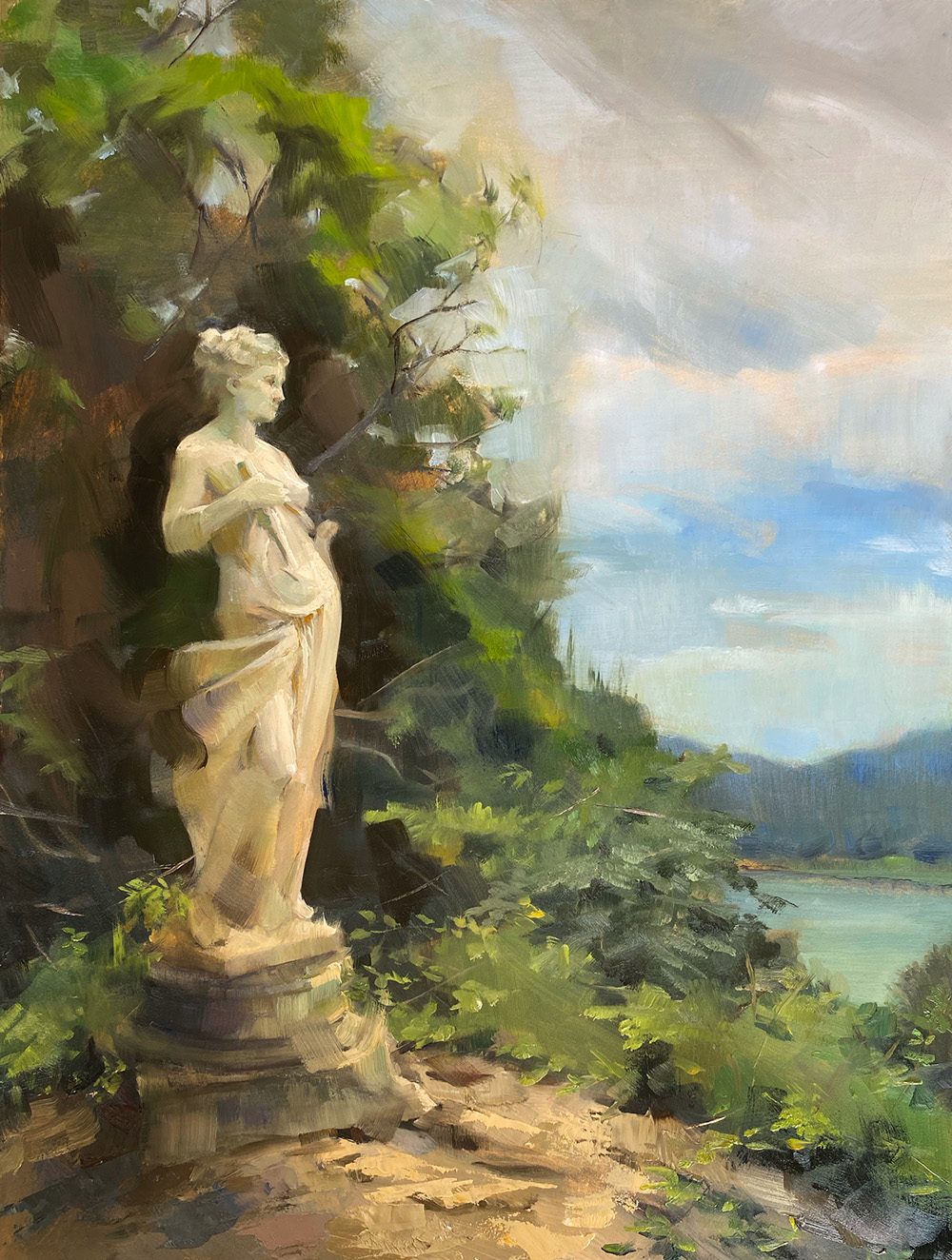 Landsacpe painting of a statue in front of a lake