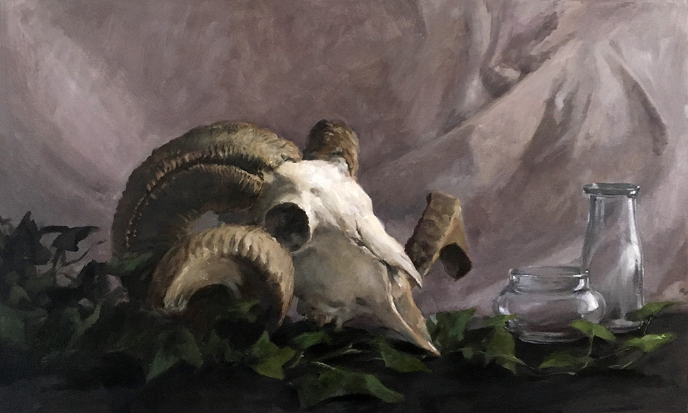 Painting of still life with ram skull