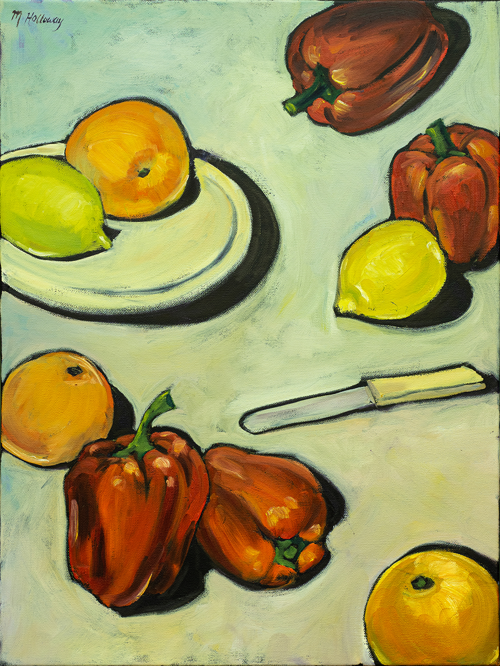 Painting of fruit and vegetables on a plate and table with a knife.
