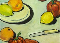 Painting of fruit and vegetables on a plate and on the table with a knife
