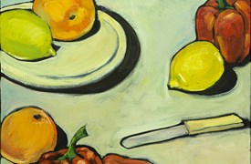 Painting of fruit and vegetables on a plate and on the table with a knife