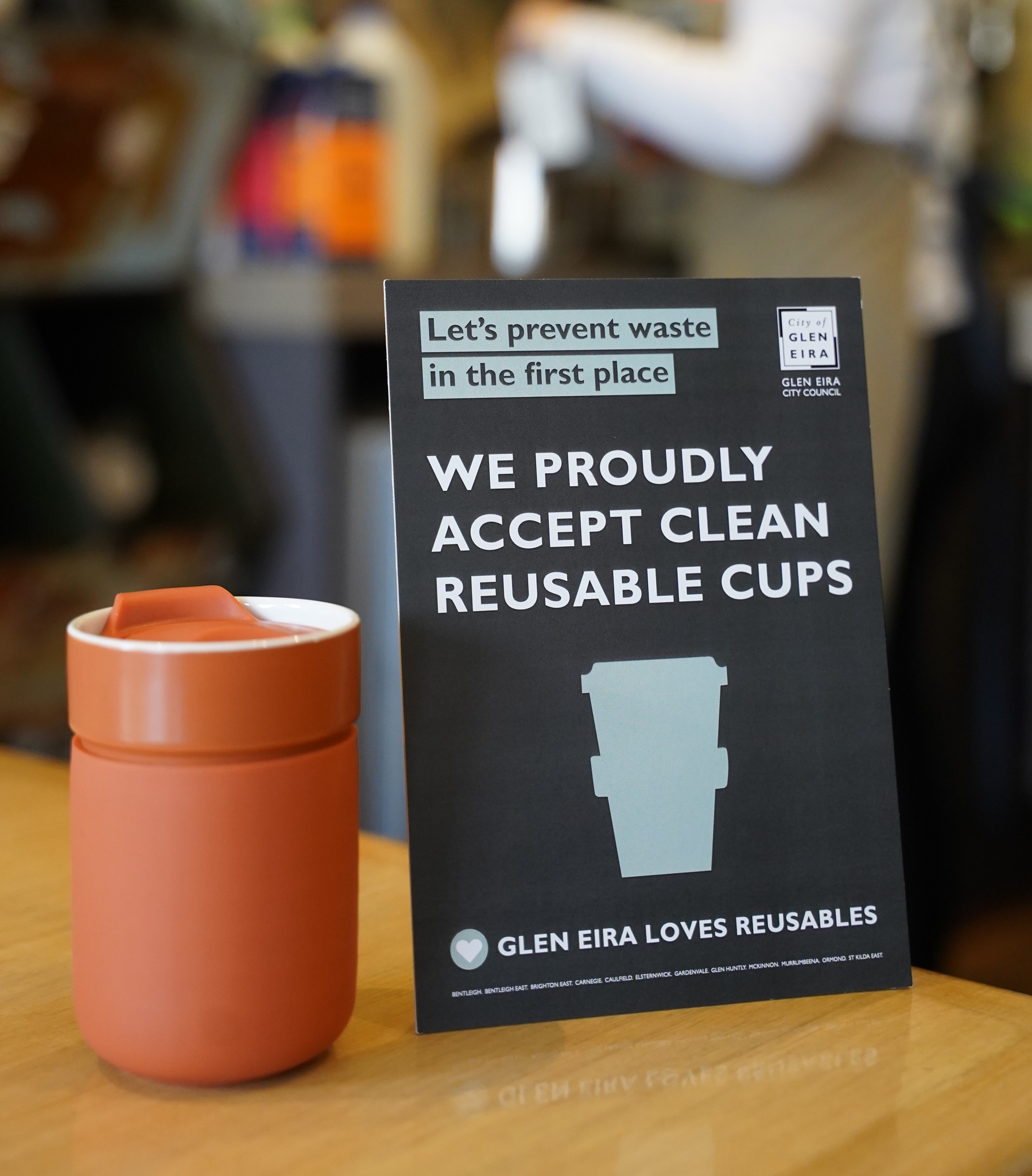 Want to encourage staff to BYO cup? Contact us for a reusable cup sign to put in your staffroom, canteen or take to the local cafe.