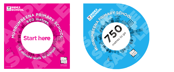 Active travel to schools footpath sticker - start here and 750m to go