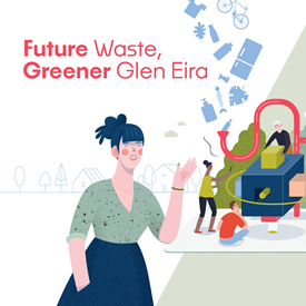 Future Waster Greener Glen Eira illustration of a women speaking with a man holding a waste machine.