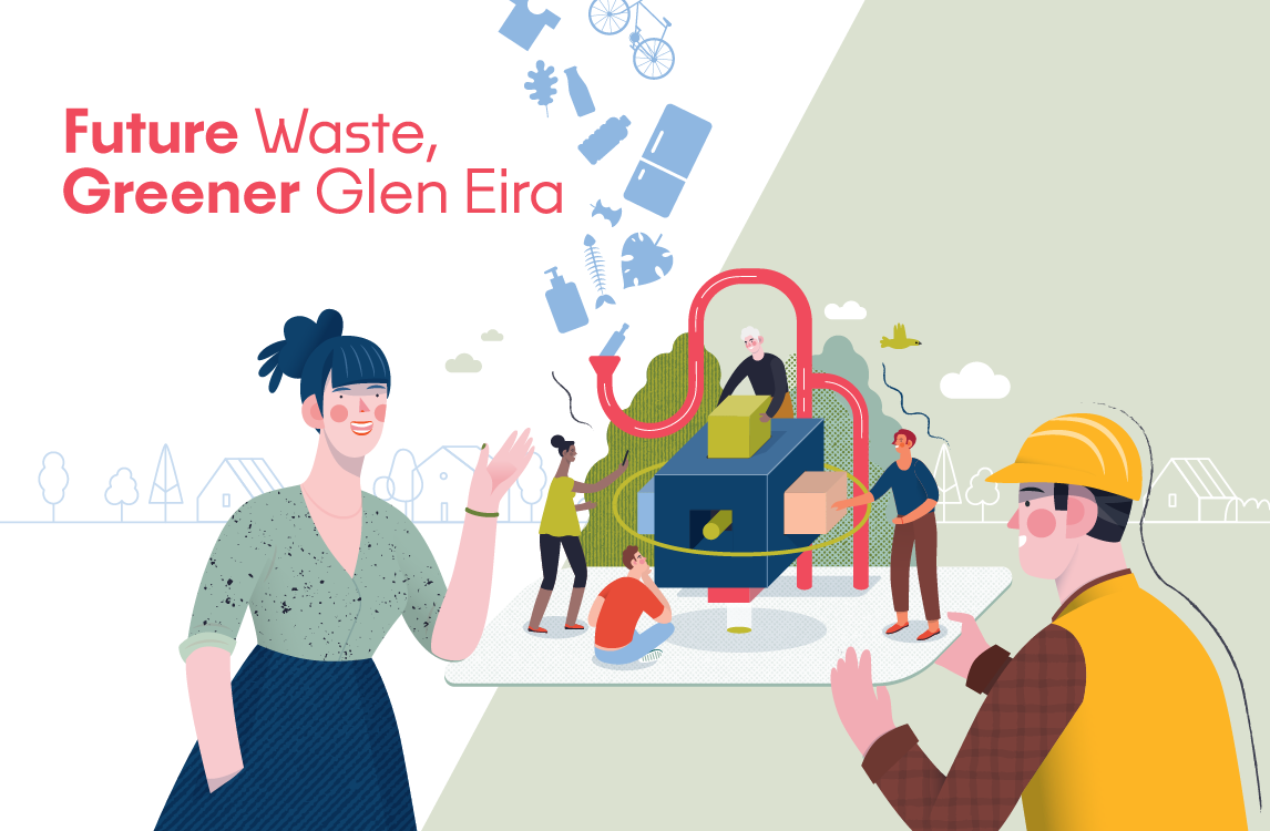 Future Waster Greener Glen Eira illustration of a women speaking with a man holding a waste machine.