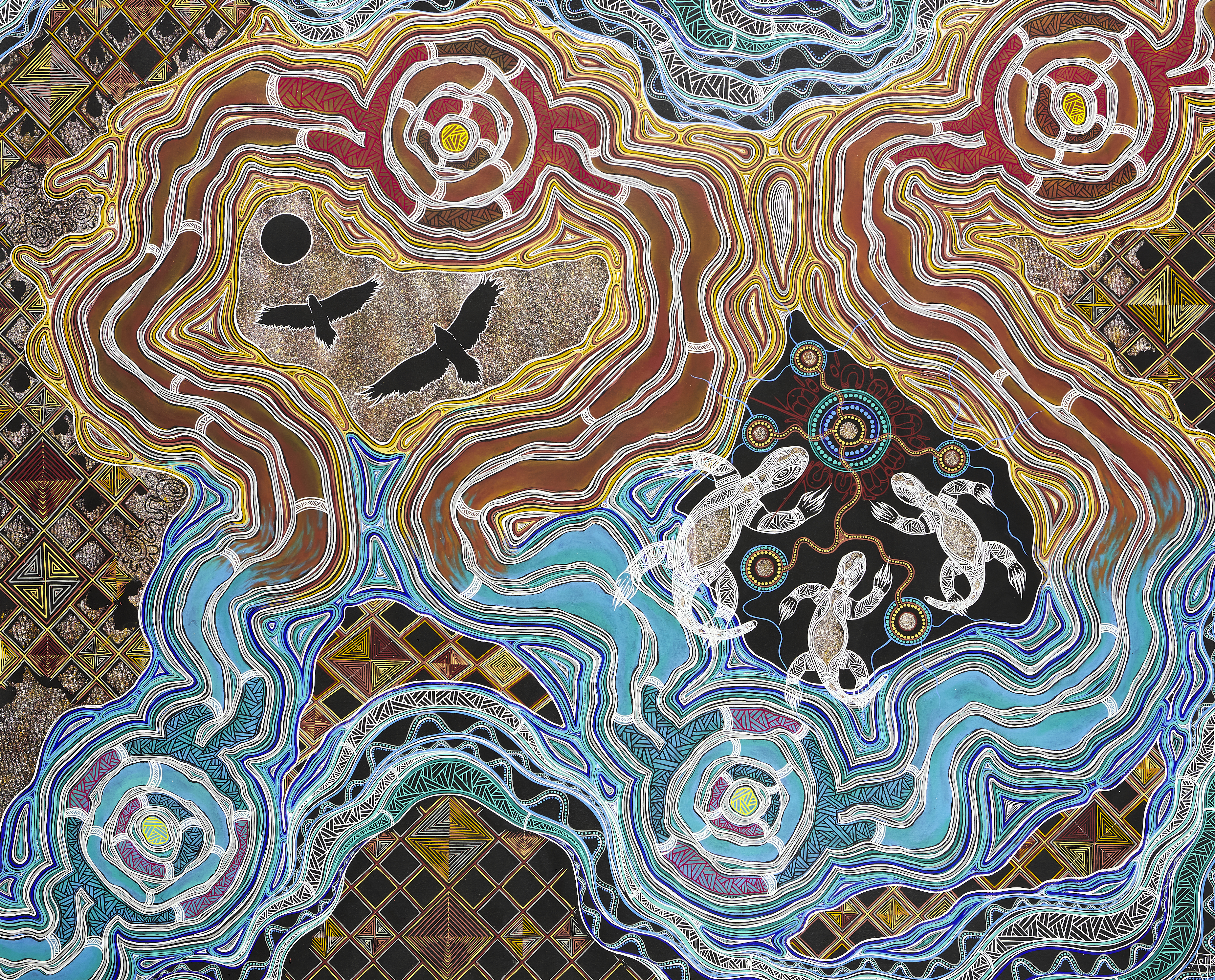 Ash Thomas, Yorta Yorta/Wiradjuri people | There’s a Lot Goin’ On, 2025 | Acrylic on canvas | 146 x 180 cm