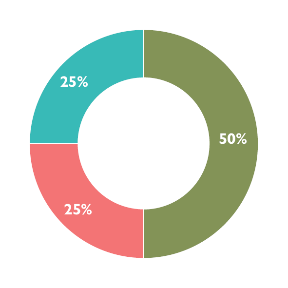 A donut chart showing our strategic indicators for Diverse, welcoming and accessible places: a green segment at 50 per cent annual measure, an aqua segment 25 per cent on track and a red at 25 per cent to monitor.