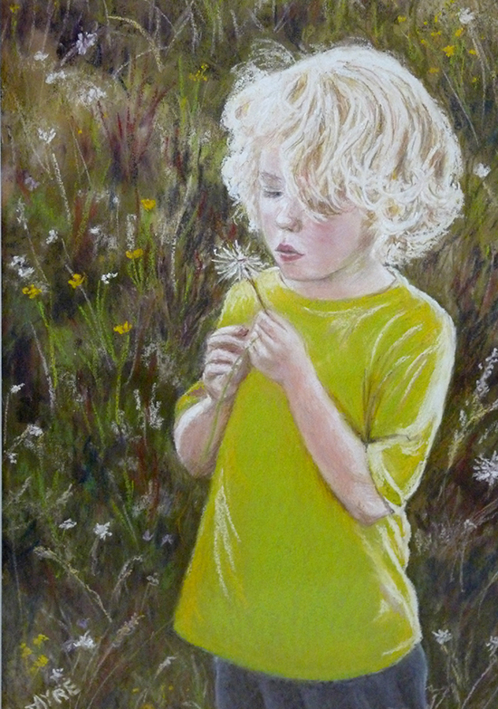 Artwork: pastel on paper child making a wish by blowing a dandelion flower
