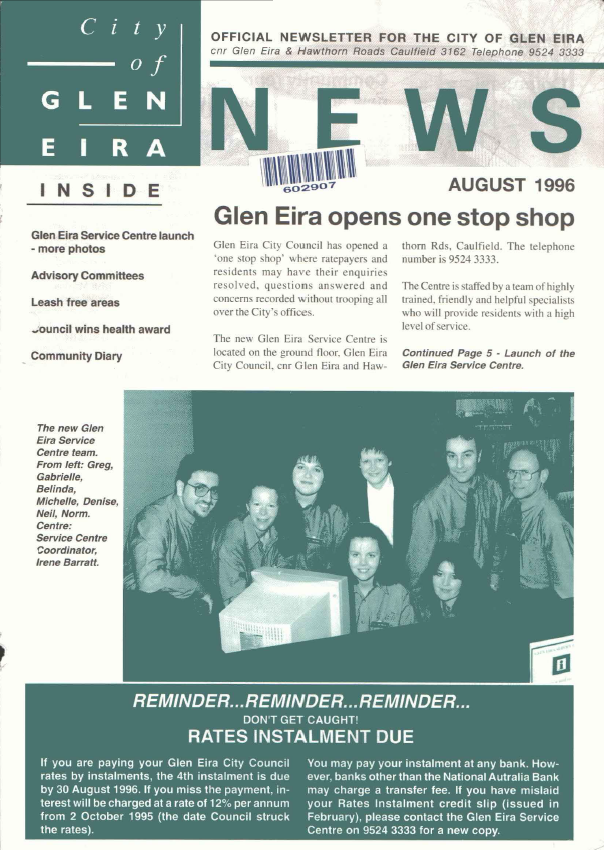 The August 1996 edition of Glen Eira News.  Glen Eira City Council History and Heritage Collection.