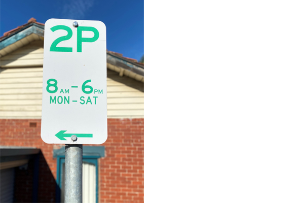 2P time-limited parking sign, 8am to 6pm, Monday to Saturday