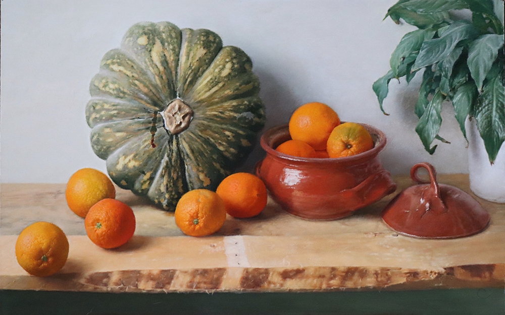 Byron Copland | Oranges with Decaying Pumpkin | Oil on aluminium | 43x68cm