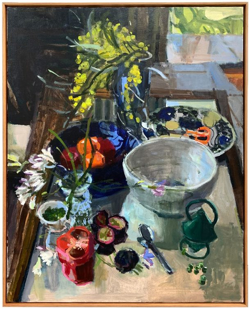 Still life on mirror with peas