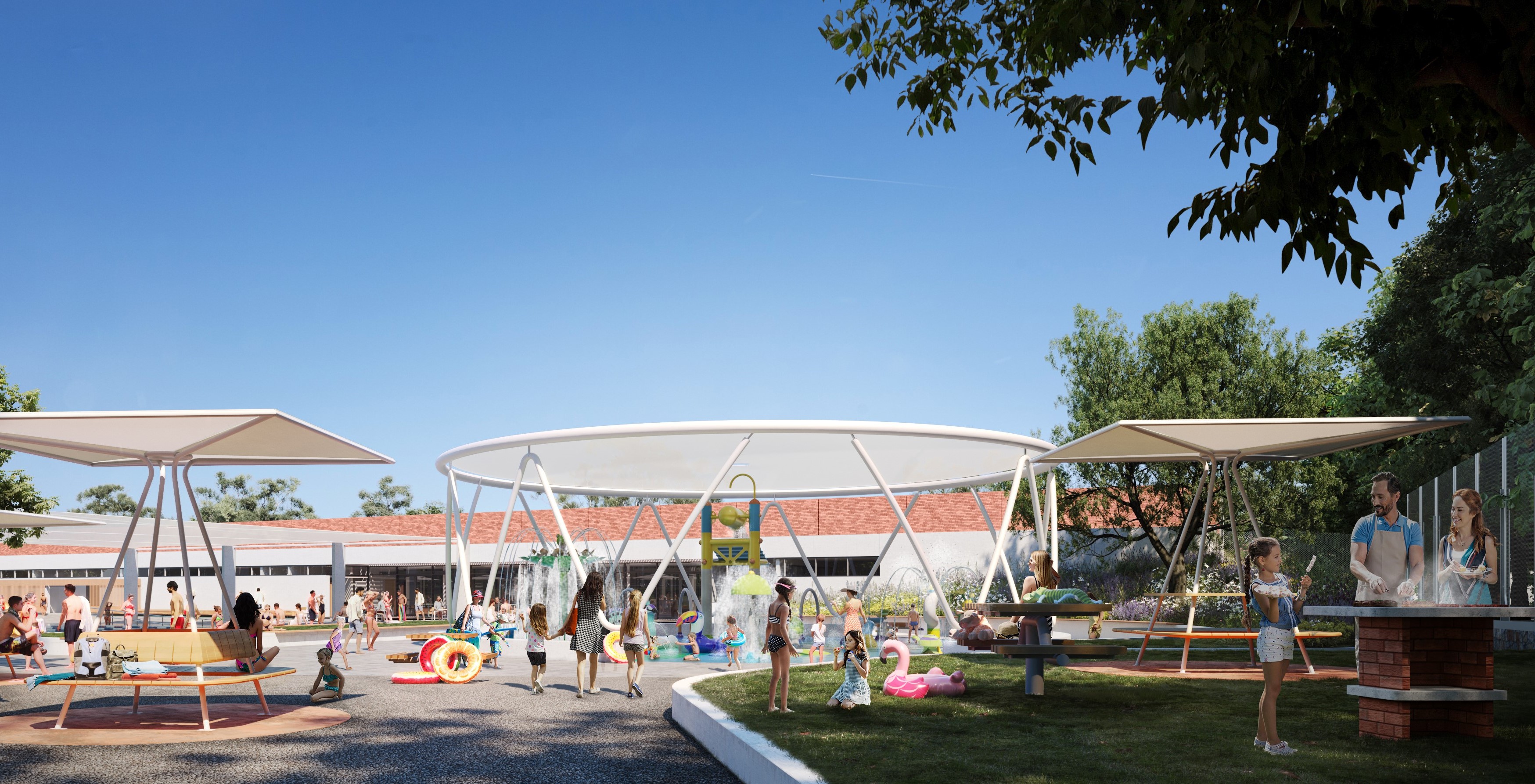 Artist rendering of Carnegie Swim Centre showing people gathering under shade structures enjoying the waterplay area nad having a BBQ