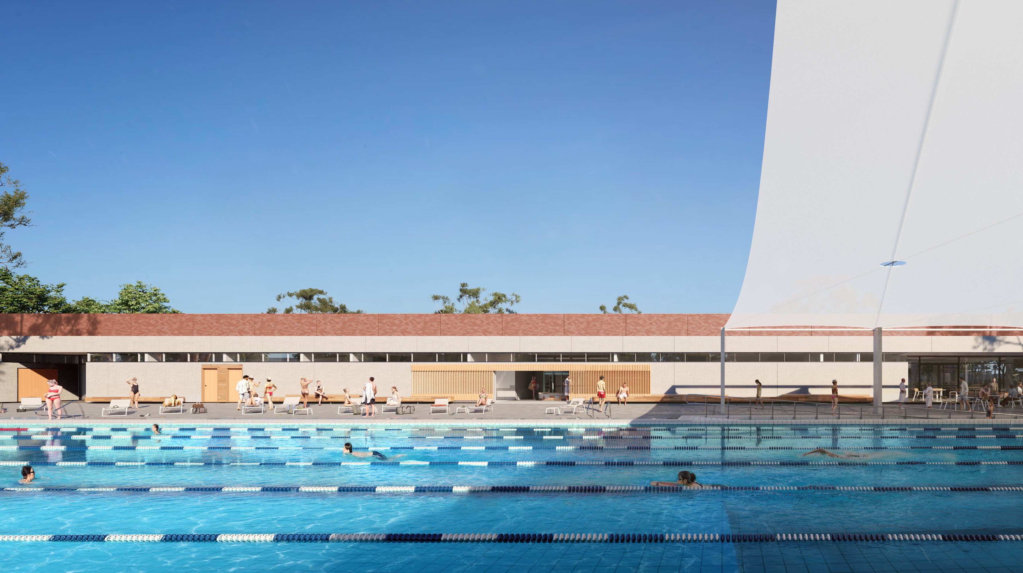 Artist rendering of Carnegie Swim Centre showing swim lanes shaded by a sail cloth with a splash pad and BBQ area in the background