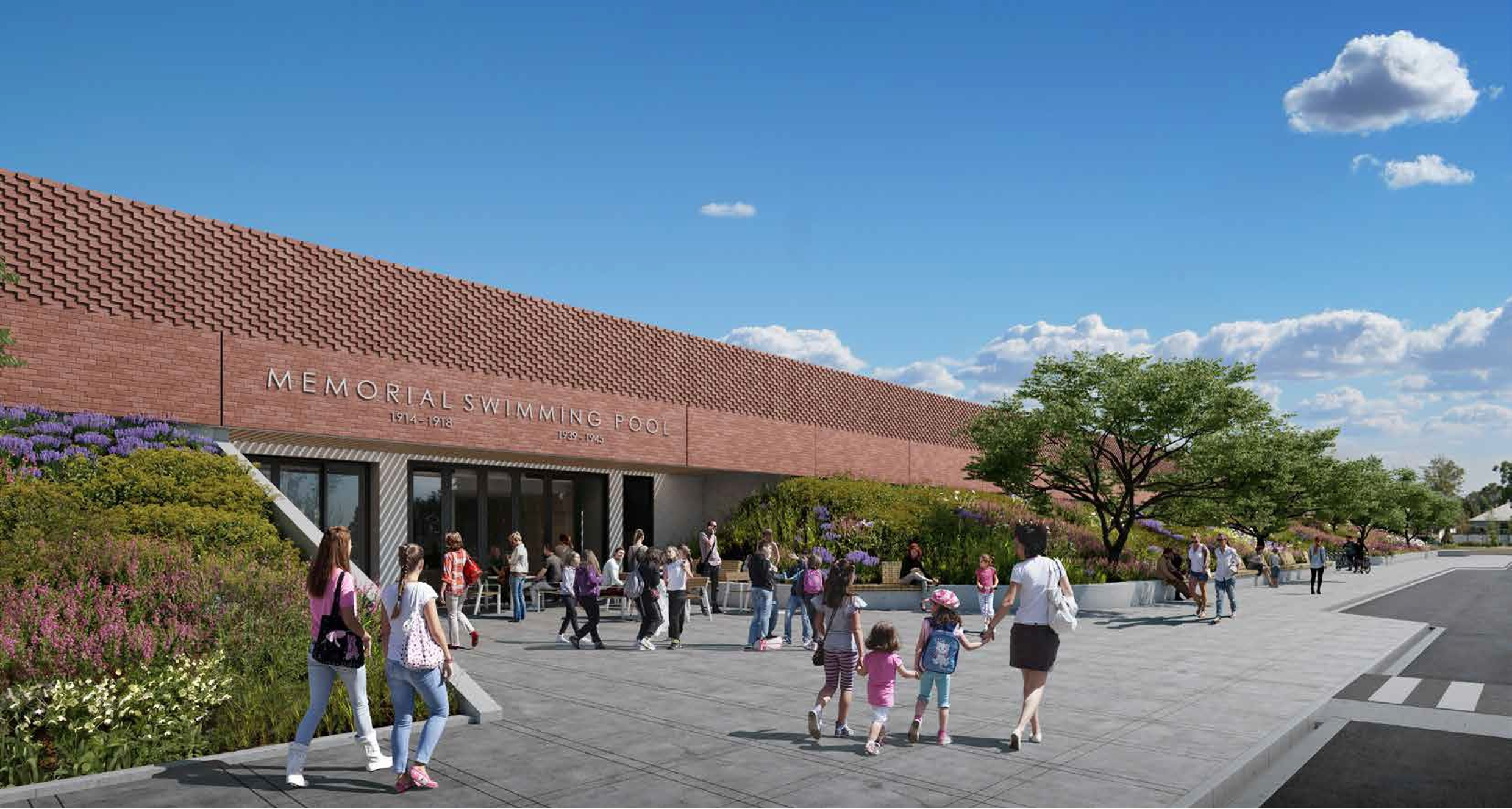 Artist rendering of Carnegie Swim Centre showing the contemporary red brick, timber and concrete facade with a grassy hill of native flowers and shrubs