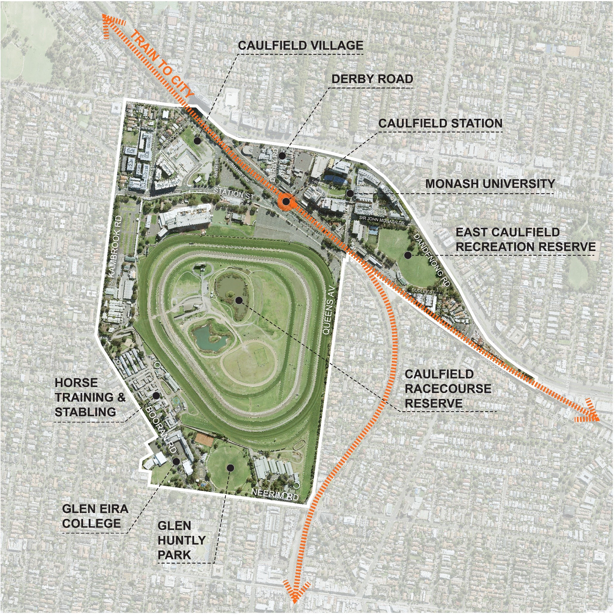 Map showing the boundary of the Caulfield Station Precinct, covering an area including Caulfield Village, Derby Road, Caulfield Station, Monash University, East Caulfield Recreation Reserve, Caulfield Racecourse Reserve, Glen Huntley Park, Glen Eira college and the Horse Training and Stabling area.