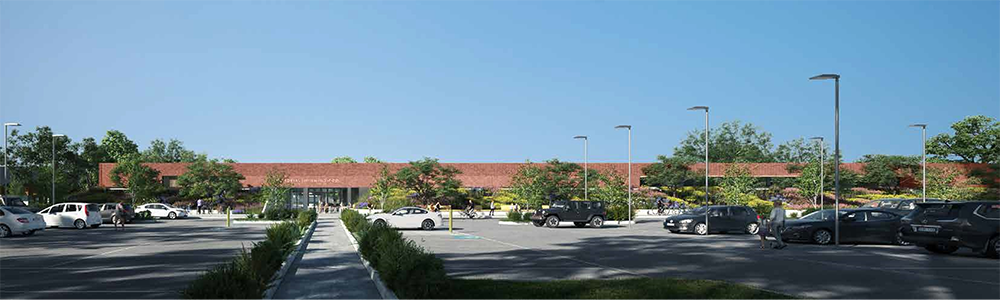 Artist rendering of the Carnegie Swim Centre carpark showing a bush-lined path to the entrance