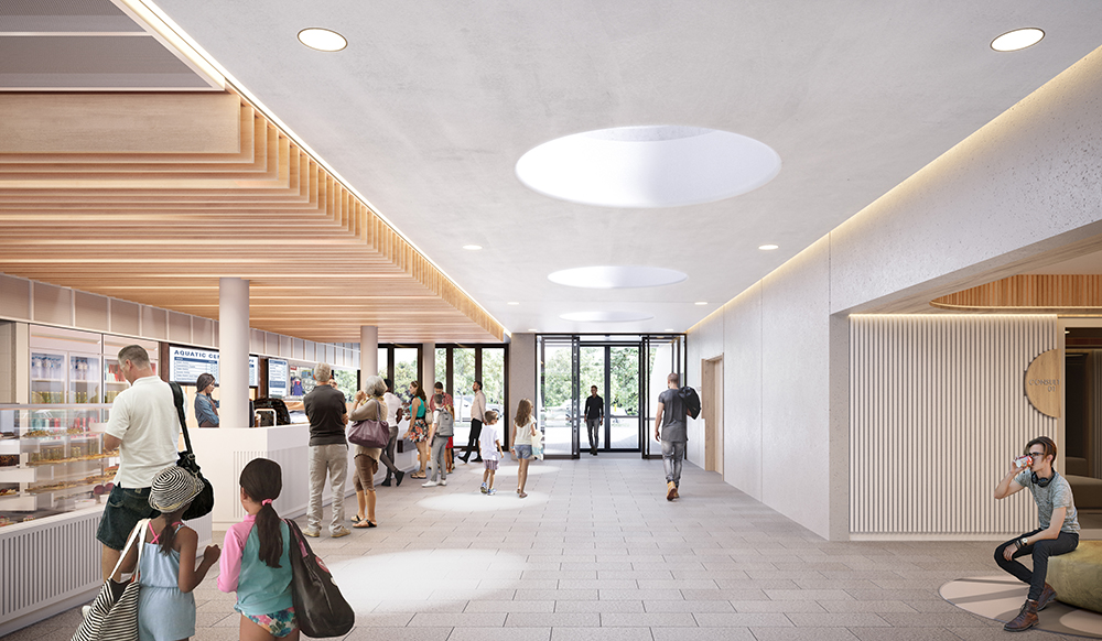 Artist rendering of Carnegie Swim Centre showing the cafe and reception area