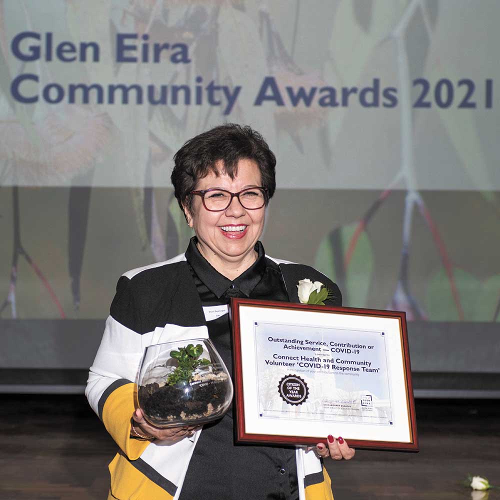 Accepting the Award on behalf of the Connect Health & Community Volunteer COVID-19 Response Team was Peri Boztepe.