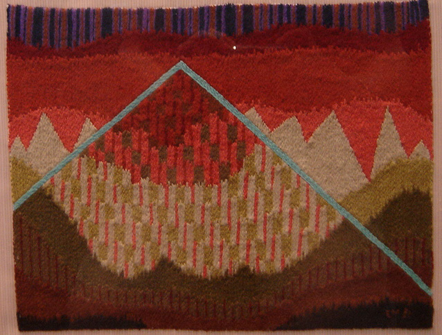 Erica McGilchrist Alpine Landscape 1981 embroidery cotton on linen 23 x 29.5 cm (irreg) Erica McGilchrist Bequest Glen Eira City Council Art Collection  Erica McGilchrist Bequest Courtesy of the Estate of Erica McGilchrist