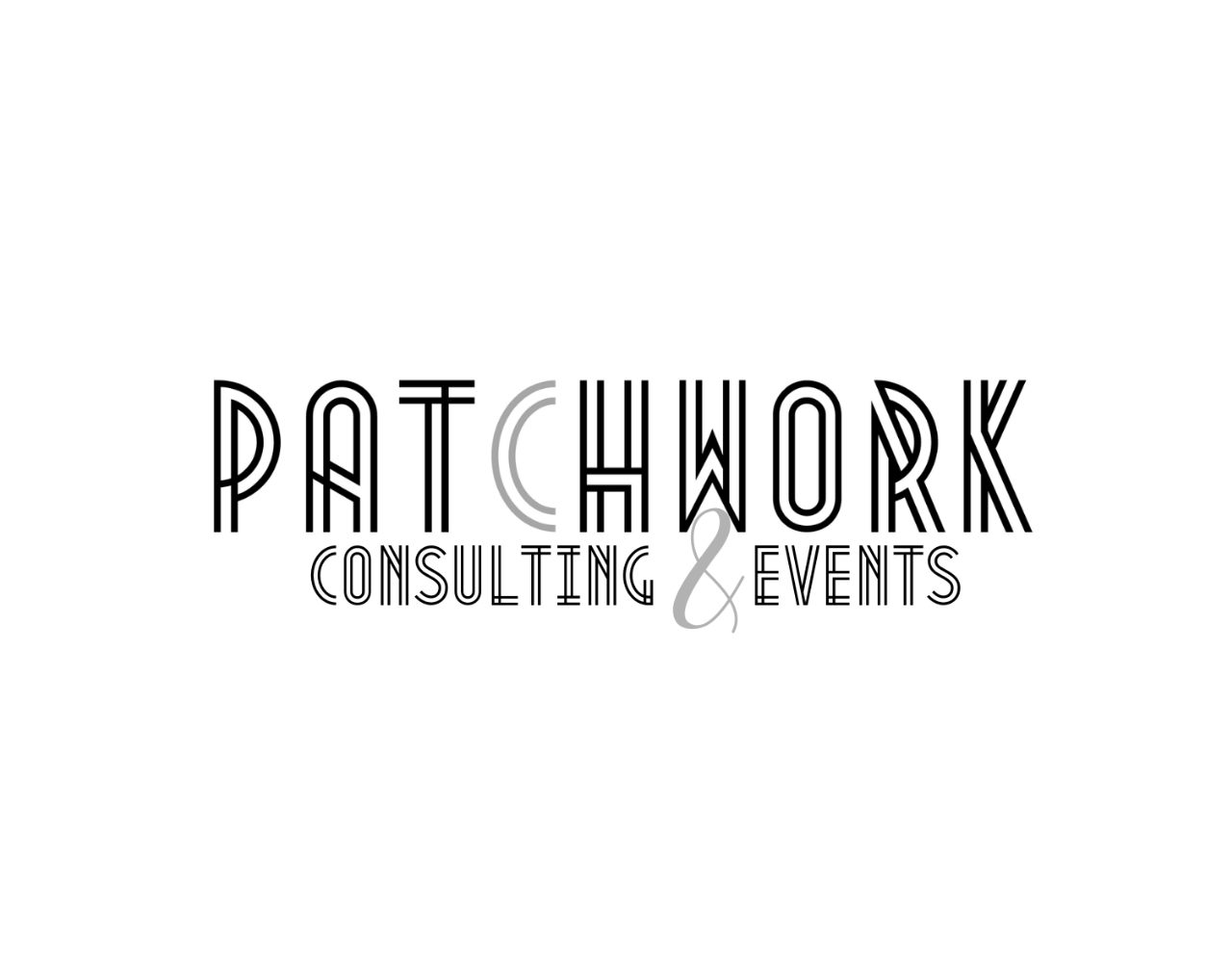 Patchwork Consulting & Events logo featuring stylised black and grey text on a light grey background.
