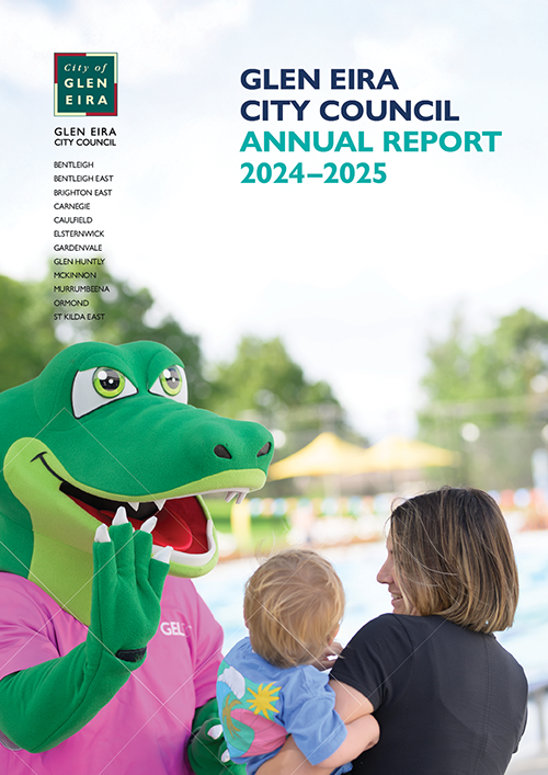 Glen Eira City Council Annual Report 2024–2025 | Carnegie swimming pool mother, child and GEL crocodile mascot
