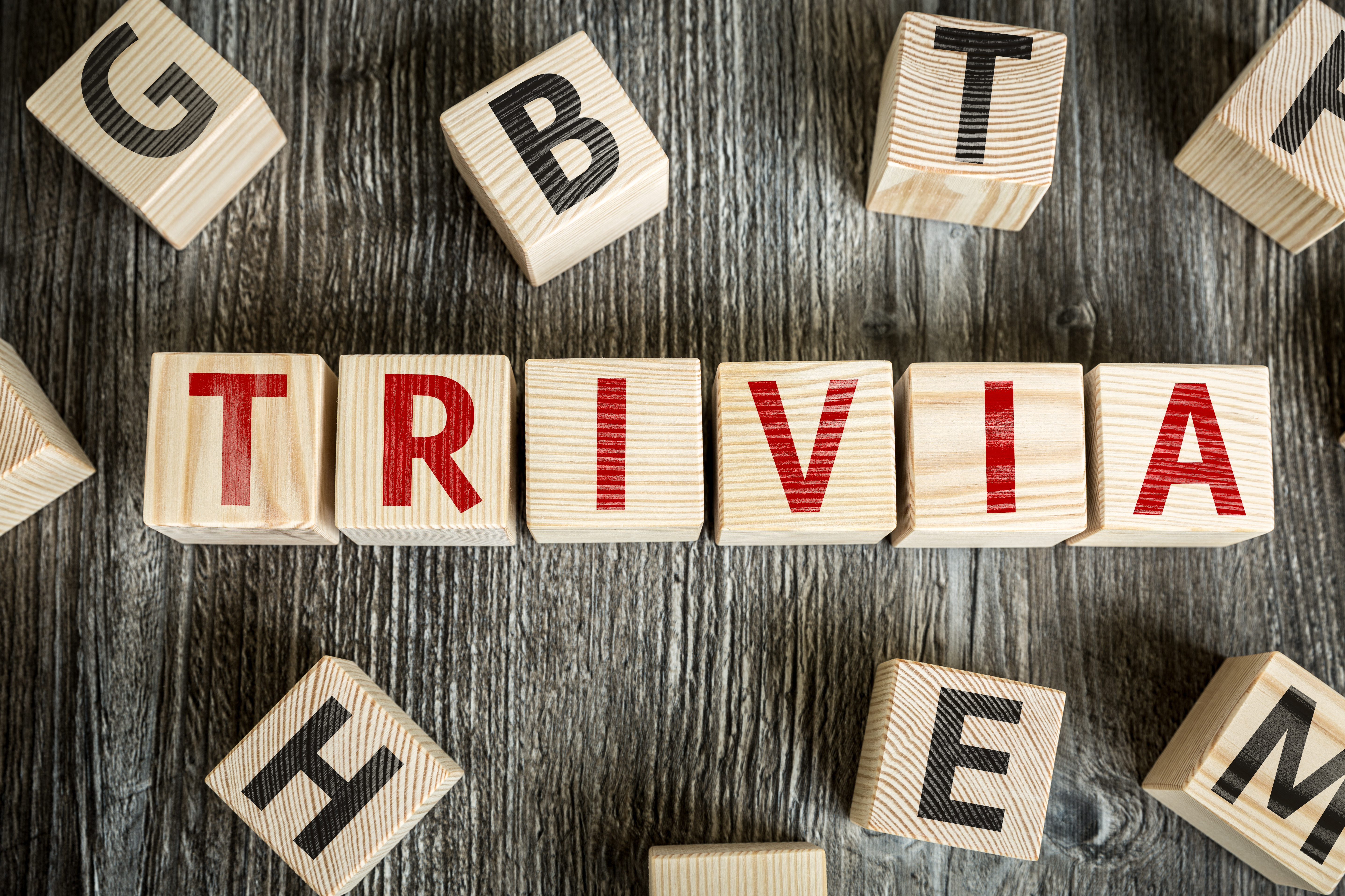 Wooden letter blocks arranged to spell “TRIVIA”, representing a trivia event or quiz activity.