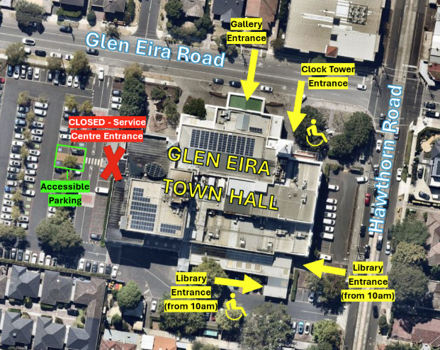 Glen Eira Town Hall Service Centre Upgrade map showing the service centre entrance will be closed.