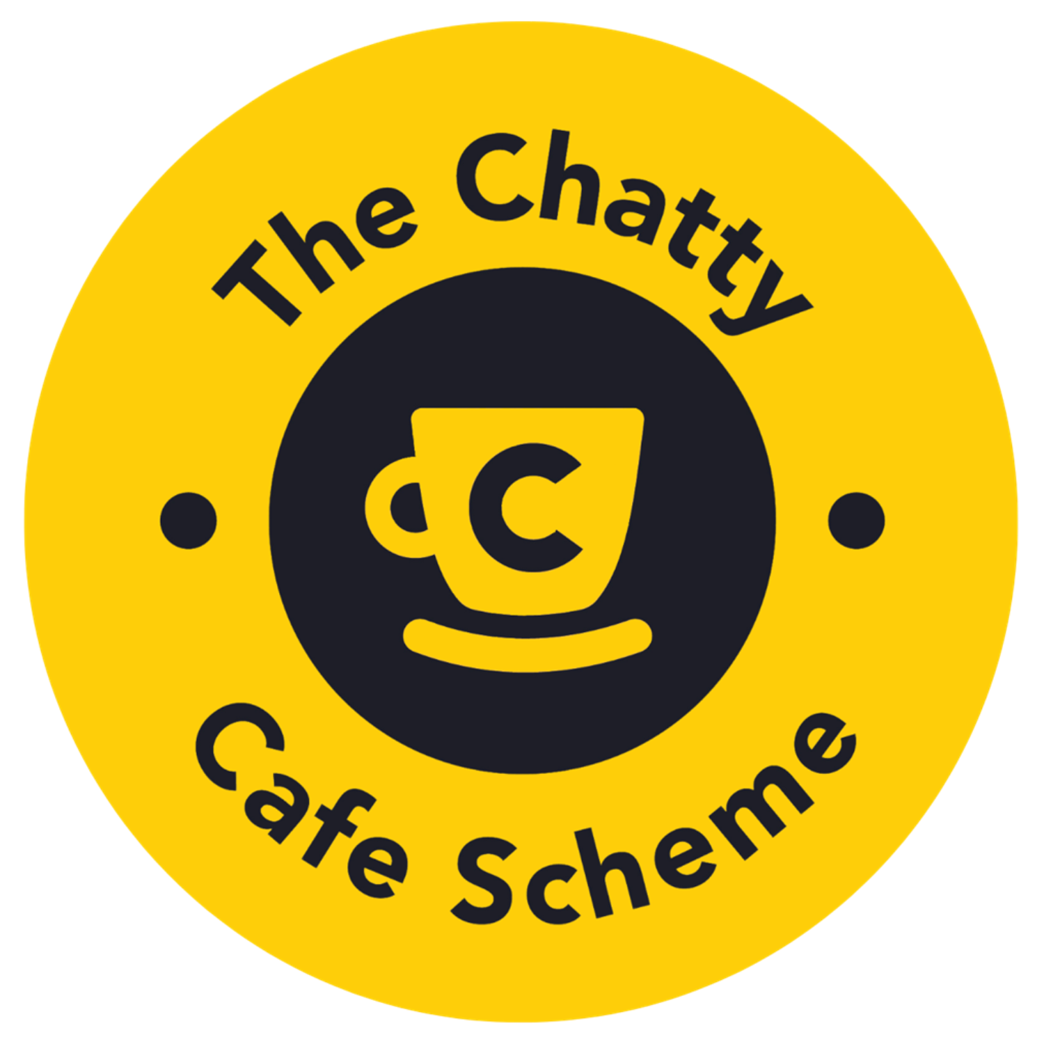 The Chatty Cafe Scheme logo featuring a coffee cup icon and the words “The Chatty Cafe Scheme” in a yellow circular design.