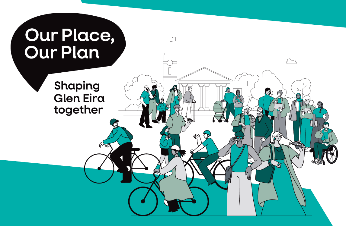 Green and white cartoon people in front of the town hall