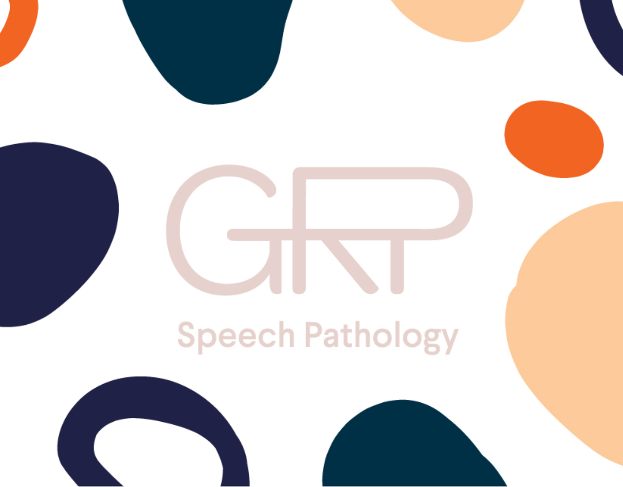 GRP Speech Pathology logo displayed on a light grey background. The logo features the letters “GRP” above the words “Speech Pathology”, surrounded by abstract organic shapes in navy blue, teal, orange and beige.